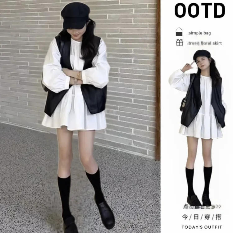 【入秋一整套衬衫裙+马甲套装】宽松休闲小个子显瘦衬衫裙+马甲套