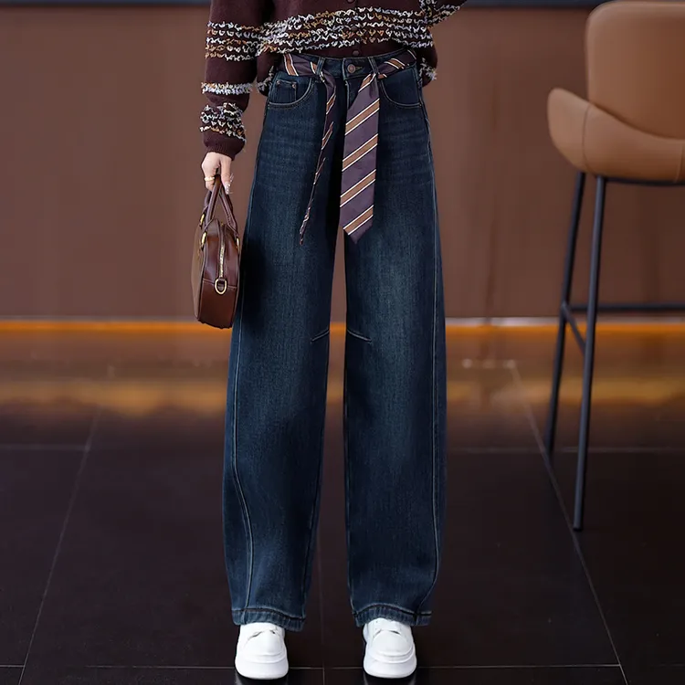 高腰复古牛仔弯刀裤冬季2025新款加绒垂感遮肉显瘦女裤洋气阔腿裤