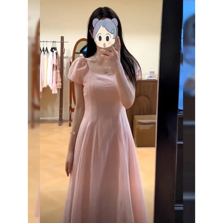 法式温柔风方领泡泡袖收腰a字连衣裙女夏季超好看独特漂亮掐腰裙