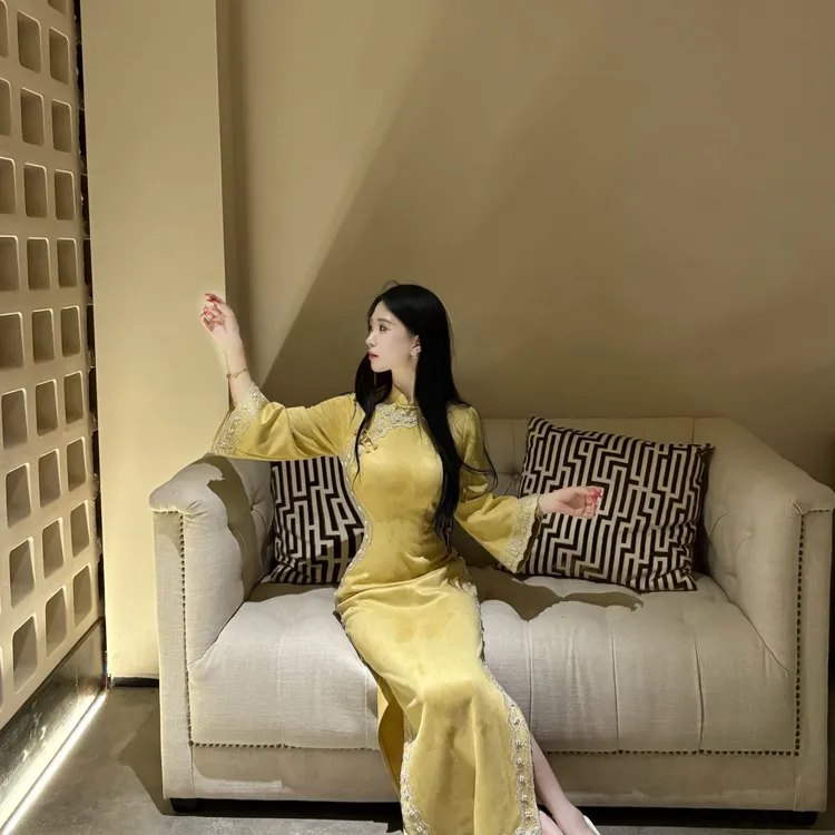 LHMknk1画报夫人原创自制秋冬温柔高级珠链蕾丝旗袍 杏黄太太