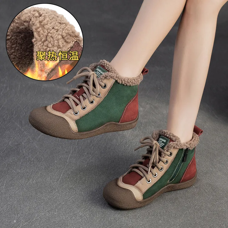 短靴女秋冬真皮复古百搭平底矮靴休闲拼色软底加绒英伦风马丁靴