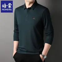 培蒙男士长袖t恤印花翻领polo衫秋季宽松中年商务休闲薄款打底衫