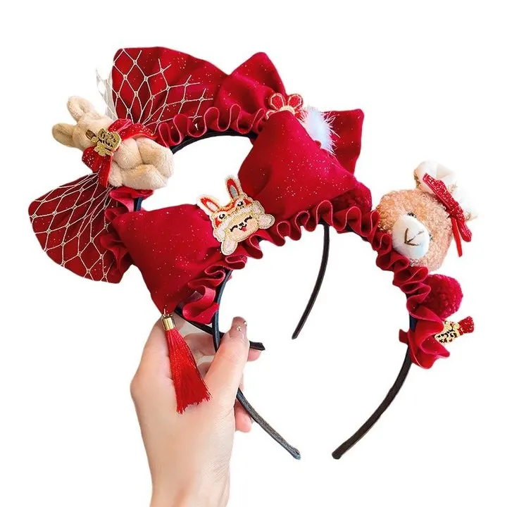 2025红色发箍新年儿童女头饰女童红色发卡中国风过年可爱头箍