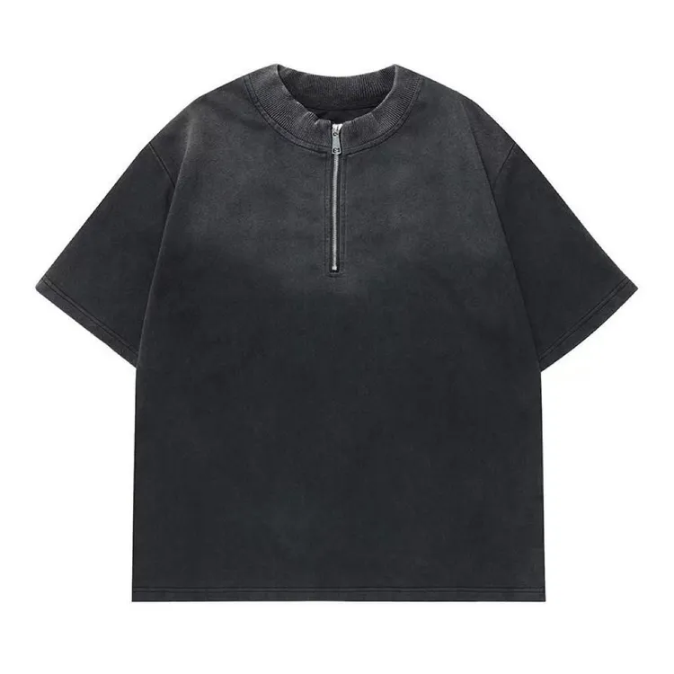 美式夏季大码300斤渐变半拉链休闲短袖半袖宽松T恤上衣男ins潮牌