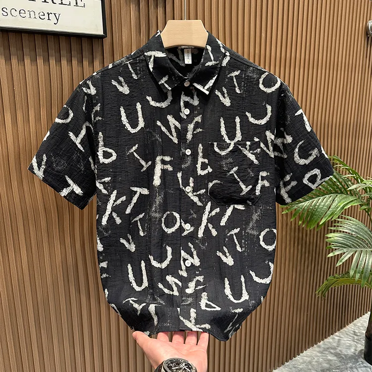 轻奢潮流字母印花短袖衬衫男夏季薄款时尚百搭休闲宽松亚麻衬衣潮