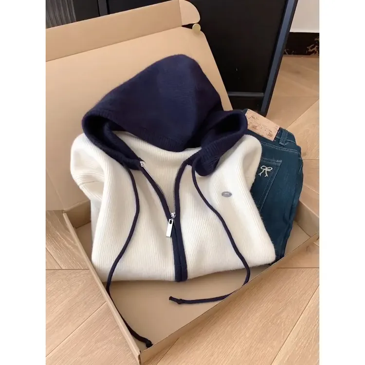 杏色拼接撞色连帽毛衣女秋冬针织开衫外套韩系慵懒高级感宽松上衣