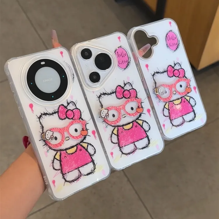 欧克里里戴眼镜kitty公仔适用苹果16大孔手机壳华为vivo小米oppo