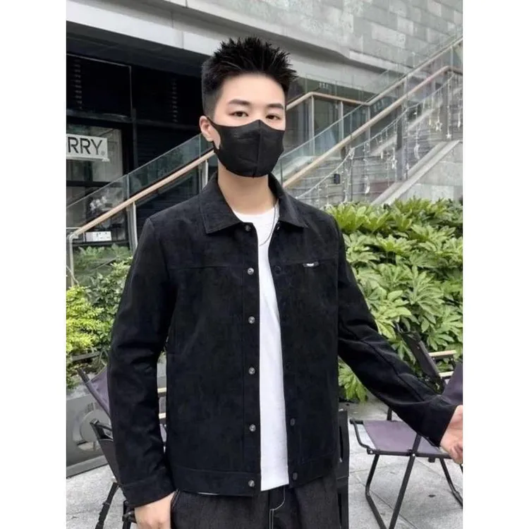 新款国潮潮牌夹克男痞帅潮牌高级感翻领麂皮秋装上衣服男士外套潮