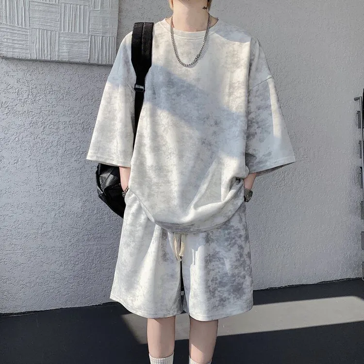 WSYYQIUYI美式休闲百搭扎染套装男2025夏季新款潮牌大码男士套装