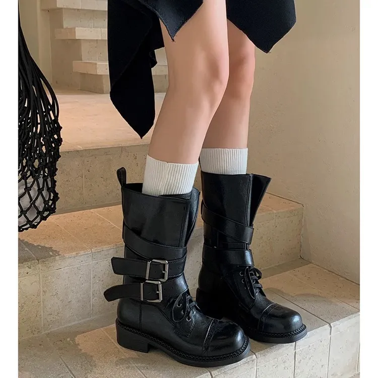 BYS定制复古真皮绑带骑士靴女2025新方头粗跟西部靴中筒靴机车靴