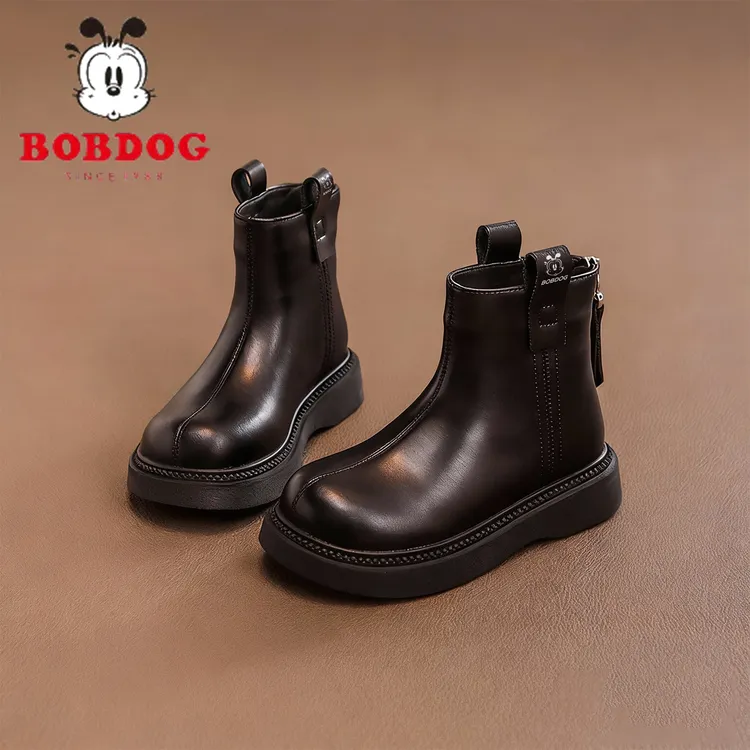 巴布豆女童黑色短靴小女孩超火马丁靴子2025新款秋冬儿童加绒皮靴
