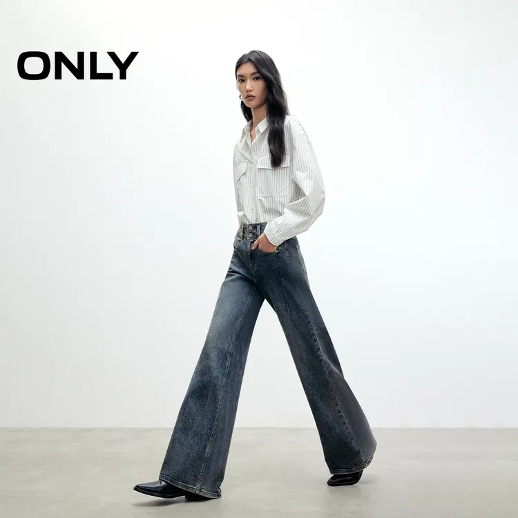 ONLY秋冬高腰水洗宽松喇叭裤长裤牛仔裤休闲百搭复古|125332082