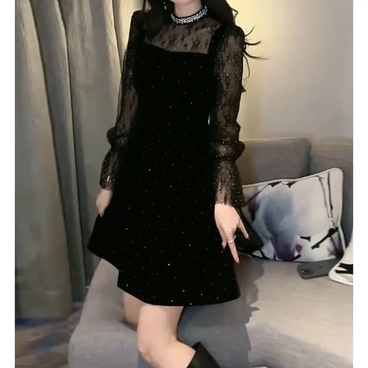 时尚洋气蕾丝拼接满天星丝绒裙女2025春季新款欧货名媛风重工领裙