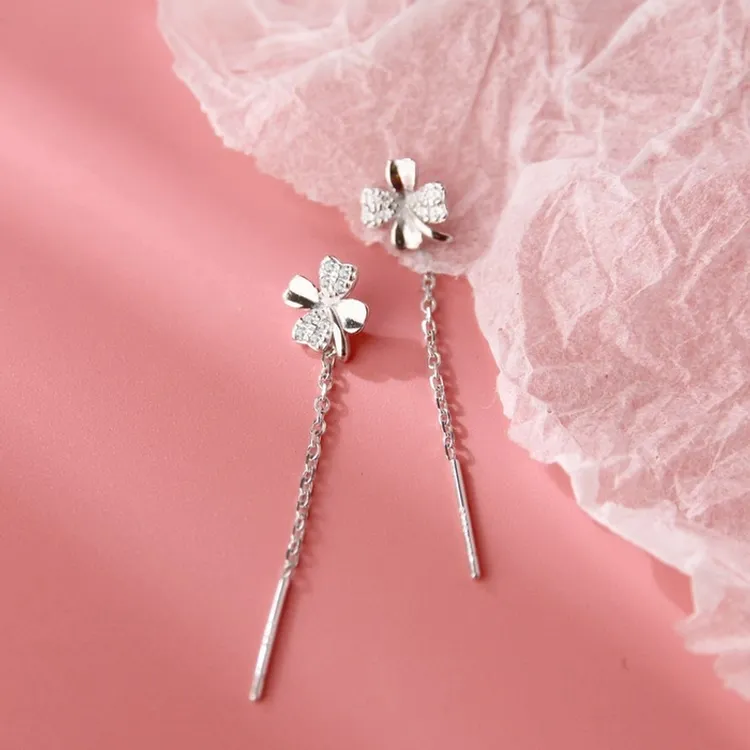 足银耳饰 S999幸运四叶草纯银针耳线女精致耳环小众气质轻奢长款