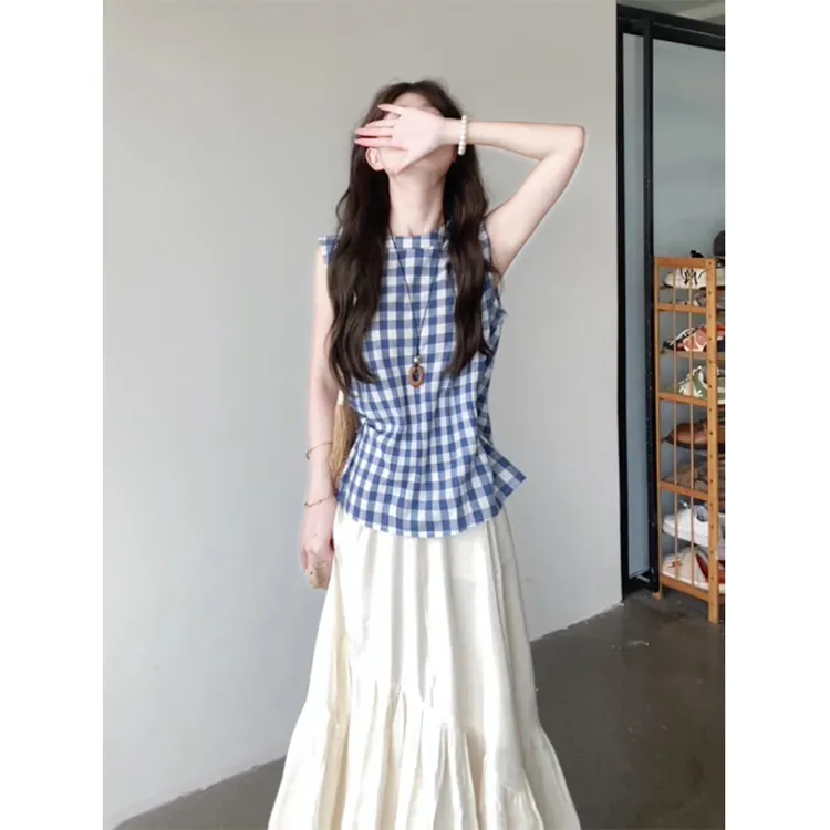 parkyeon夏季新款设计感无袖格纹背心上衣气质高腰显瘦半身裙套装