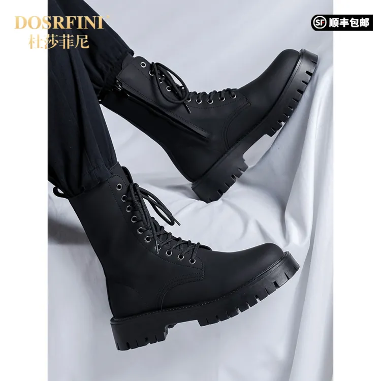 DOSRFINI靴子男士英伦风格高帮工装皮靴男士2025新款皮长摩托车潮