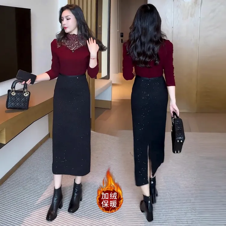 加绒蕾丝拼接打底衫显瘦高腰梨形穿搭金丝绒半身裙拼接加绒套装