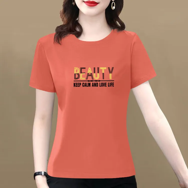 100%全棉短袖t恤女2025新款妈妈装夏季女士印花大码纯棉洋气上衣