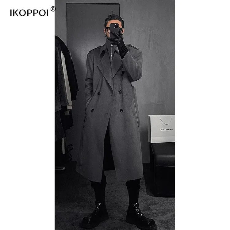 中长款毛呢大衣男士春秋季德式百搭高街风衣纯色双排扣假两件外套