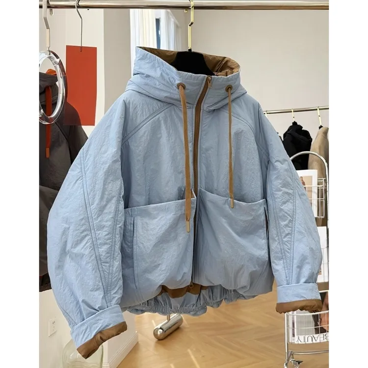 高级感拼接撞色夹棉连帽短款外套女冬季设计龟背宽松休闲棉衣棉服