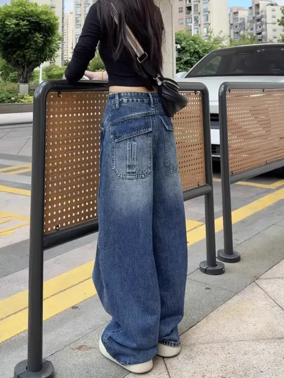 弯刀牛仔裤女秋季新款梨型身材粗腿遮胯大码宽松显瘦阔腿直筒裤子