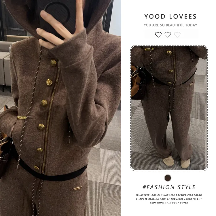 慵懒风软糯套装女2025秋冬新款韩系小香风开衫外套+阔腿裤两件套