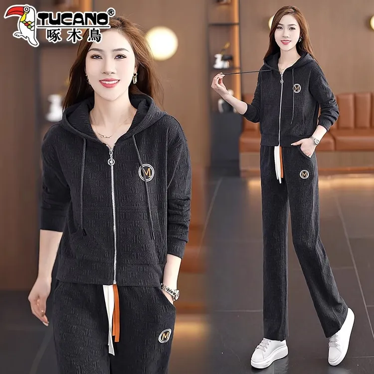 啄木鸟连帽运动套装女2025新款春秋时髦洋气宽松外套休闲服两件套