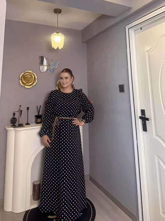 千鸟格时尚高腰秋冬黑色波点连衣裙H型裙A字裙长袖长款显瘦