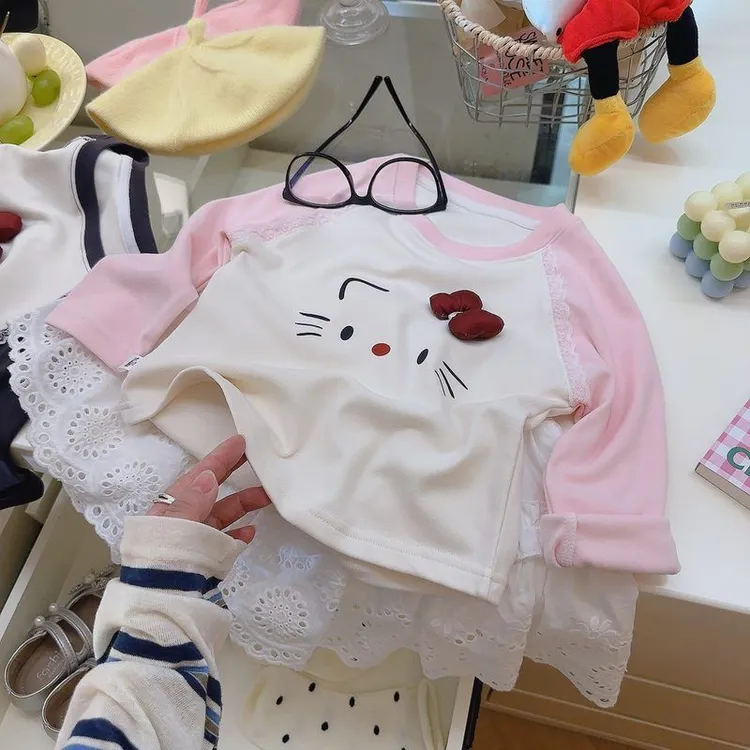春秋新款儿童打底衫女童韩版长袖卡通拼接上衣女宝宝蕾丝卫衣批