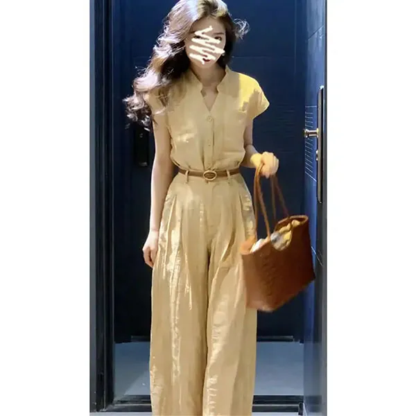 2025夏季新款法式复古修身百搭V领短袖上衣气质高腰显瘦阔腿长裤