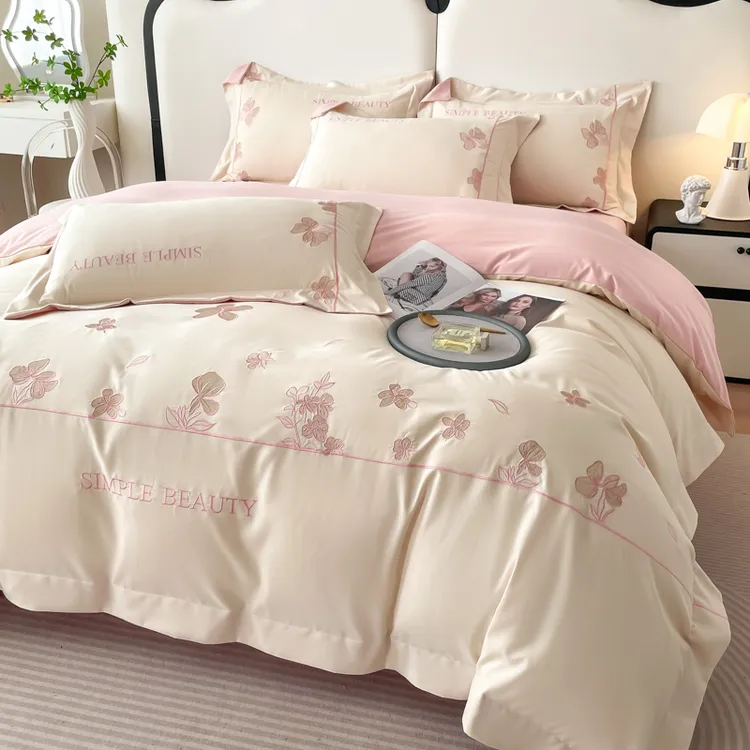 FANYUE/繁悦新款轻奢A类母婴级纯棉四件套全棉刺绣被套罩床单简约