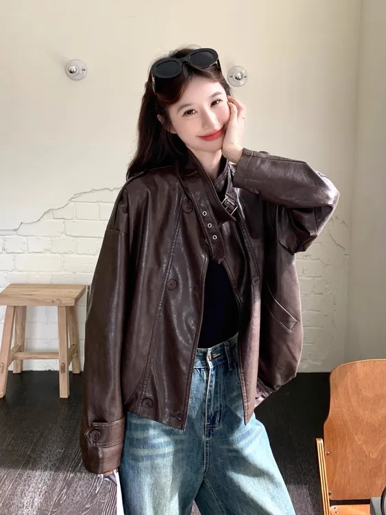 2025秋季新款小个子皮衣外套女短款立领PU皮夹克复古气质机车服女