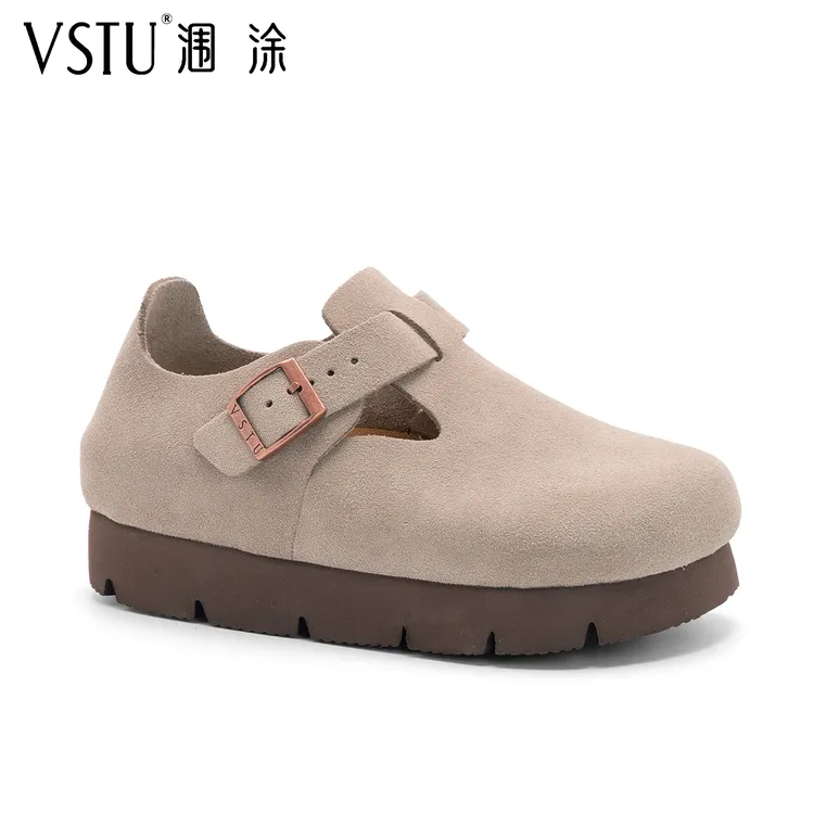 vstu真皮软木勃肯鞋厚底包头单鞋小个子增高5CM绒面百搭女款外穿