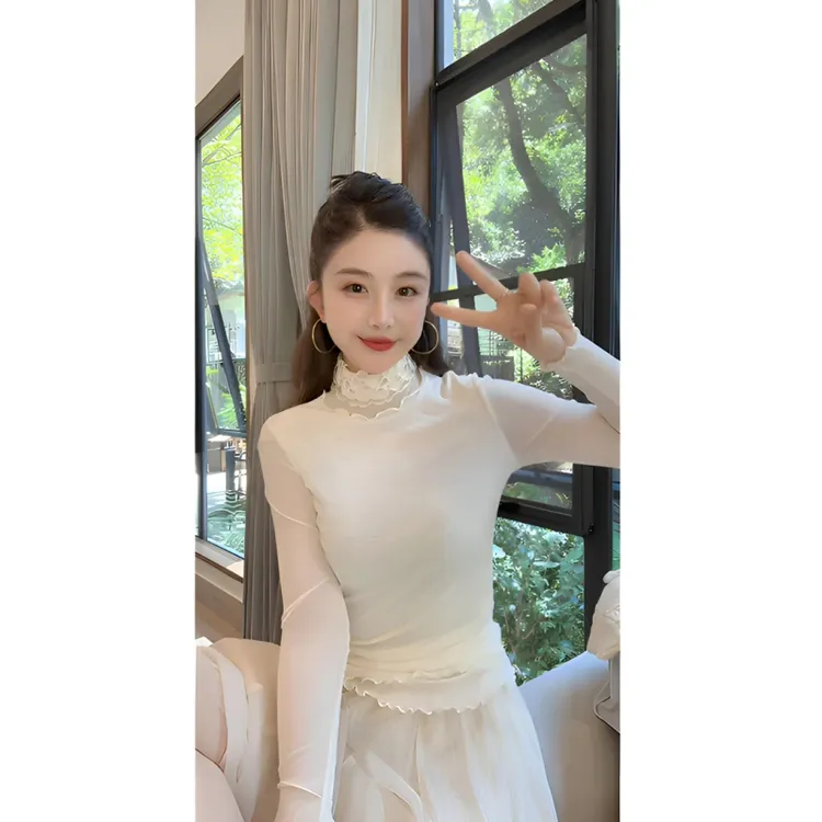 小婉薇气质木耳边半高领长袖T恤秋冬穿搭修身打底衫内搭上衣女