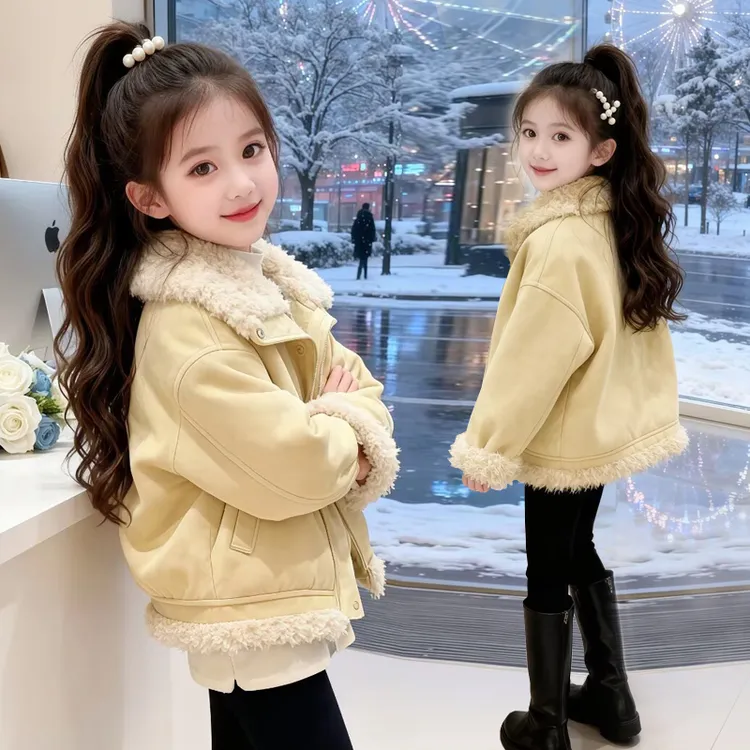 女童皮毛一体外套秋冬款韩版儿童加厚加绒洋气百搭超好看保暖上衣