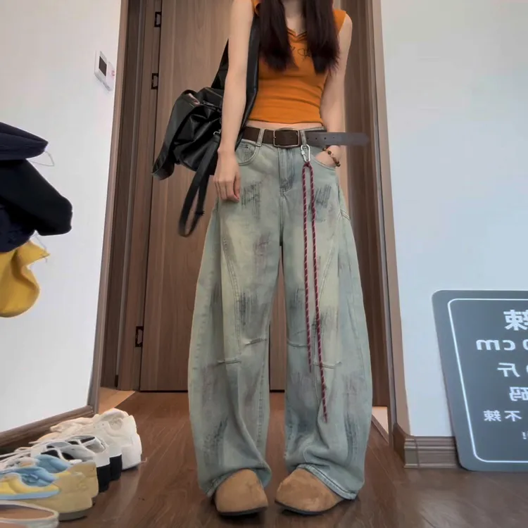 高个子加长美式复古脏染做旧弯刀牛仔裤女高腰宽松显瘦拖地阔腿裤