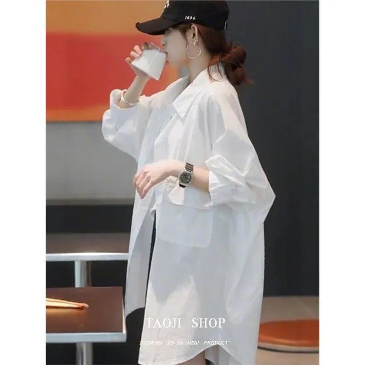 防晒衣女新款春夏季爆款宽松慵懒风上衣遮屁股中长款白色衬衫外套