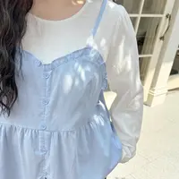 DC8267大码女装【法式假两件小衫】秋季胖mm圆领拼接长袖开叉上衣