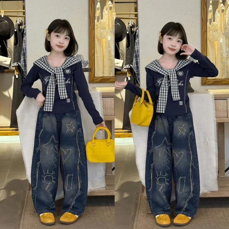 女童秋装套装2025新款宽松刺绣牛仔裤甜酷洋气休闲披肩长袖两件套