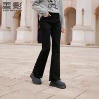 Q85W874牛仔裤 香影黑色微喇牛仔裤女冬季新款裤脚开叉修身设计感