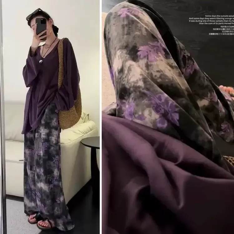 紫色复古晕染休闲裤新中式ins高级感阔腿裤女夏季慵懒风垂感长裤