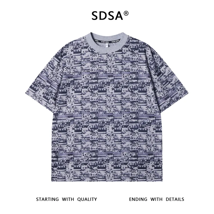 夏季高级感新款男士美式撞色抽象短袖T恤小众设计慵懒风百搭上衣