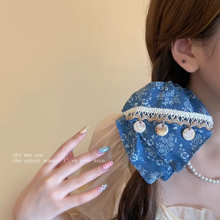 韩系复古蓝色碎花大肠发圈女高级感2025新款超大号扎头发头绳发饰