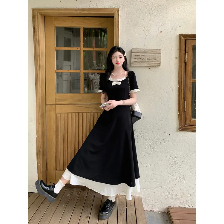 大码夏季气质撞色小众显瘦方领设计感时尚长款连衣裙