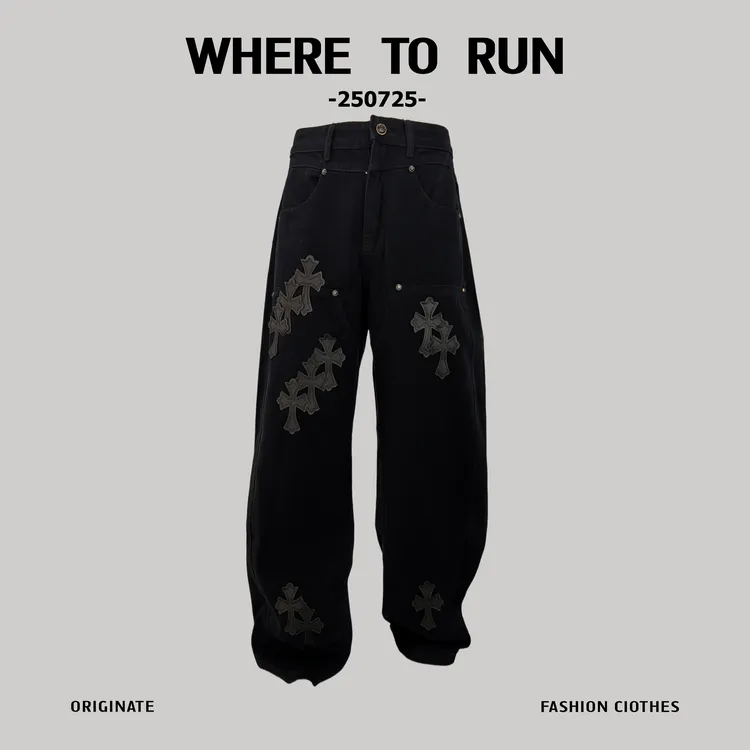 WHERETORUN克罗心十字贴片弯刀宽松裤秋冬新款重工阔腿高街复古