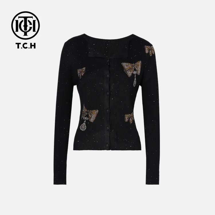TCH私服烫钻工艺时尚休闲百搭秋款针织开衫女T75C43E1013轻奢tch