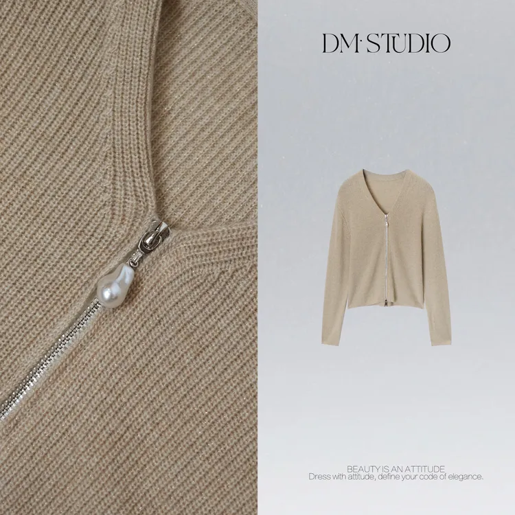 DEDM•STUDIO/100%山羊绒小众V领长袖针织拉链开衫2511ZZS/6288