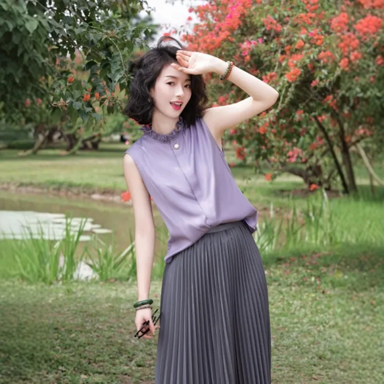 缎面无袖衬衫木耳边花苞领内搭小众设计夏季上衣