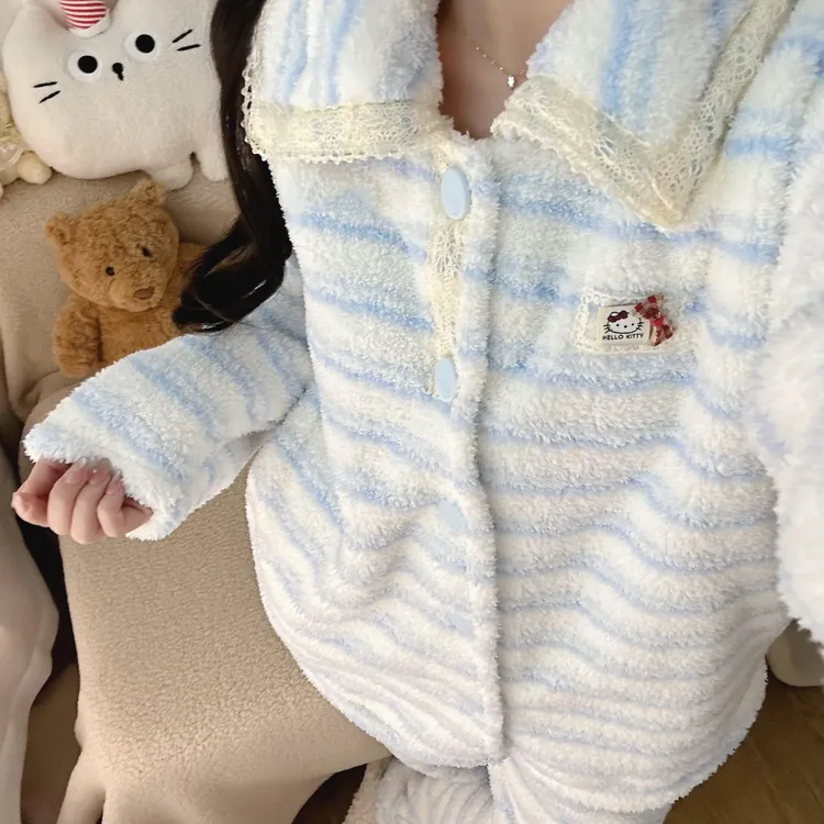 蕾丝花边翻领条纹少女睡衣甜美保暖厚款珊瑚绒软乎乎秋冬季家居服