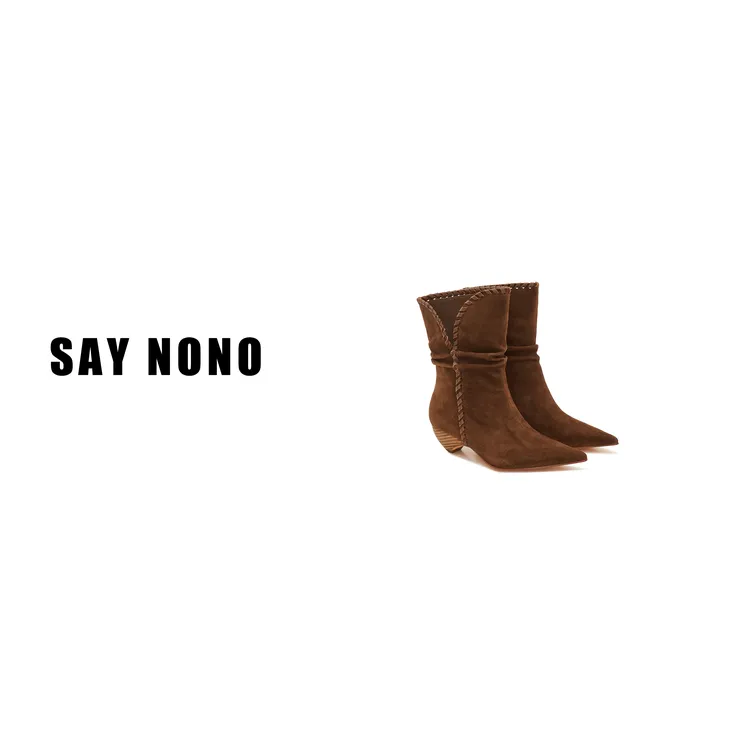 Say  nono  中筒褶皱牛仔复古粗跟游牧风时装靴4cm